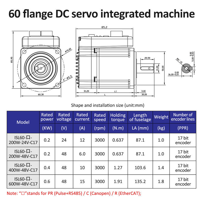 Lichuan Integrated Servo Motors Driver L-shaped 200W 0.637N.m DC24/48V 6.0/10/12/15A 3000RPM IP65