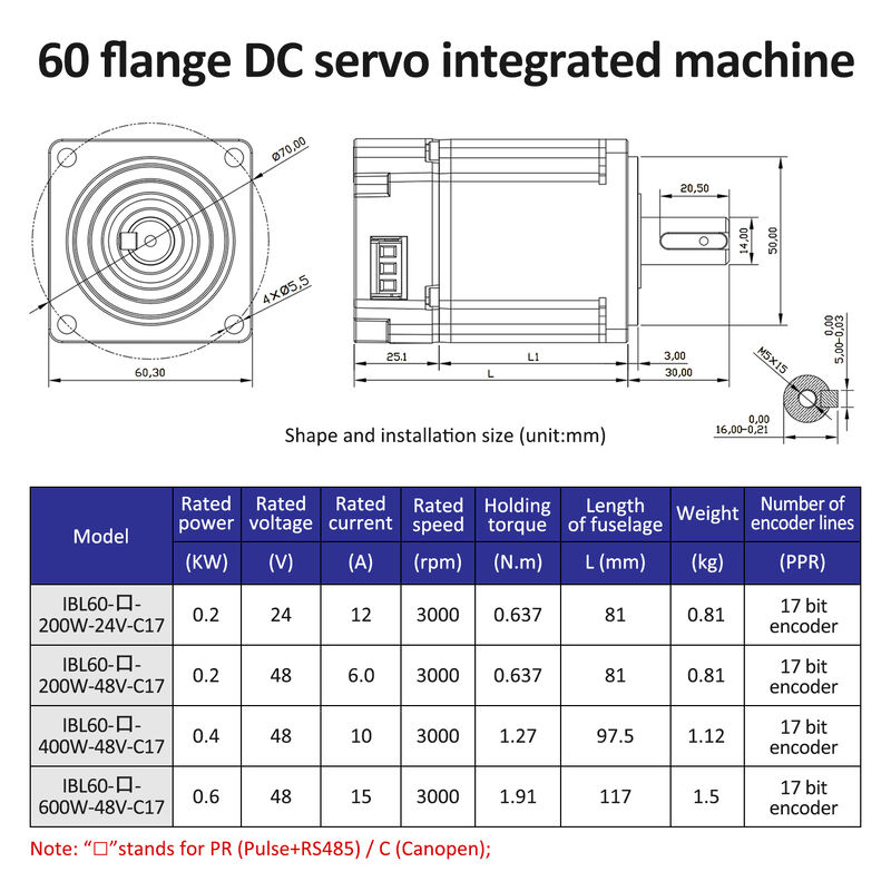Lichuan Integrated Servo Motors Driver Pulse/RS485/CANopen Control 600W 1.91N.m DC24/48V 6/10/12/15A 3000RPM IP65