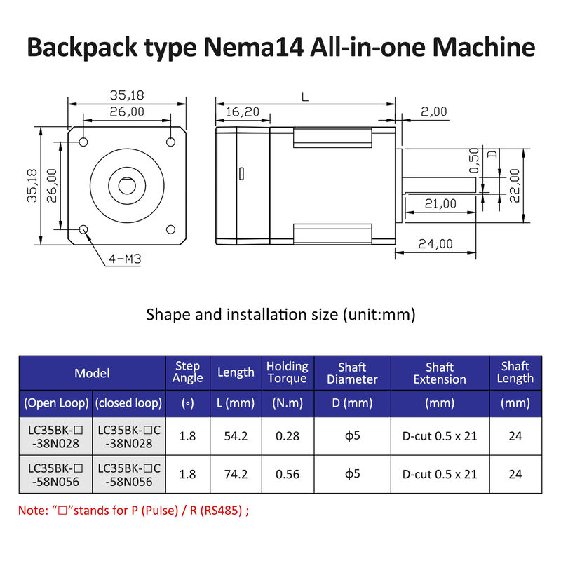 Lichuan Open Loop/Closed Loop Integrated Stepper Motors Driver Pulse/RS485 Control 0.56N.m 2Phase Nema14 DC20~30V 0.8/1.5A 1000PPR