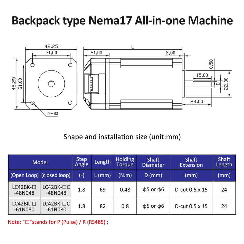 Lichuan Open Loop/Closed Loop Integrated Stepper Motors Driver Pulse/RS485 Control 0.8N.m 2Phase Nema17 DC20~30V 1.2A 1000PPR