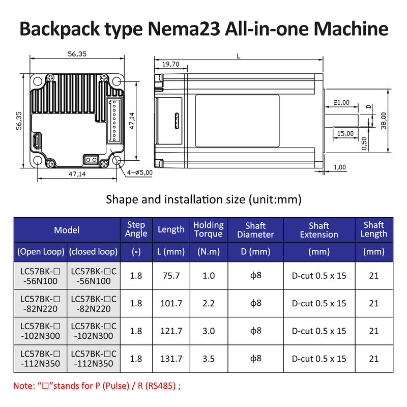 Lichuan Open Loop/Closed Loop Integrated Stepper Motors Driver Pulse/RS485 Control 1.0N.m 2Phase Nema23 DC24~50V 3.0/4.0A 1000PPR