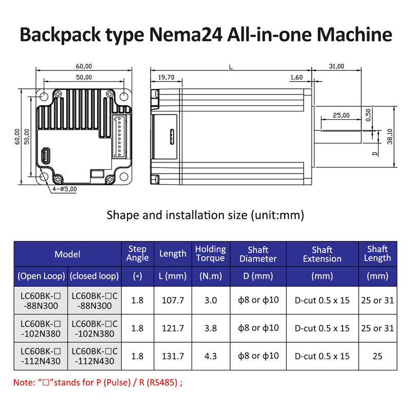 Lichuan Open Loop/Closed Loop Integrated Stepper Motors Driver Pulse/RS485 Control 3.0N.m 2Phase Nema24 DC24~50V 4.5/5.0/5.8A 1000PPR