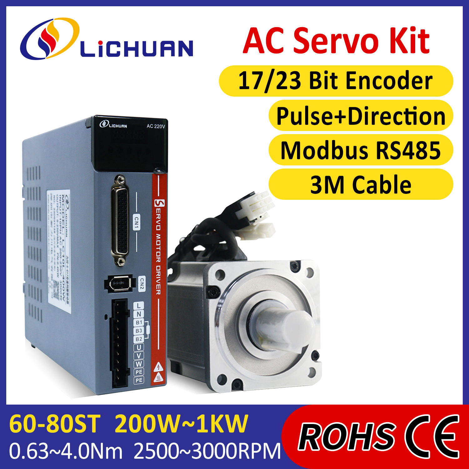 Lichuan AC Servo Motor Drivers Kit A5 LC10L 400W 0.4KW 1.27N.m 220V 2 ...